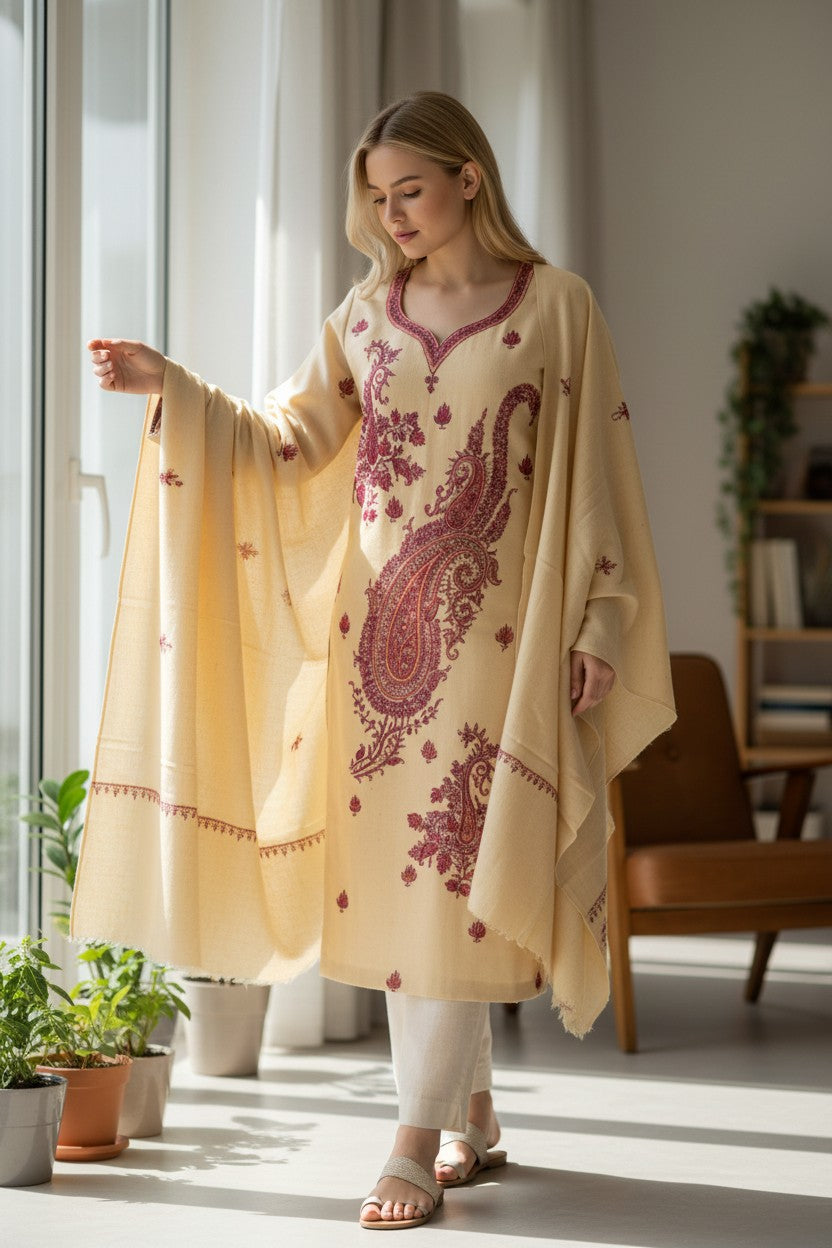 Women Woolen Kashmiri Suits Semi Pashmina Hand Sozni Embroidery  - Beige