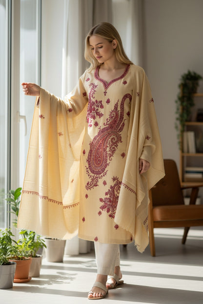 Women Woolen Kashmiri Suits Semi Pashmina Hand Sozni Embroidery  - Beige