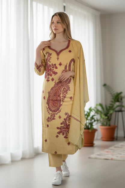 Women Woolen Kashmiri Suits Semi Pashmina Hand Sozni Embroidery  - Beige