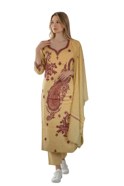 Women Woolen Kashmiri Suits Semi Pashmina Hand Sozni Embroidery  - Beige