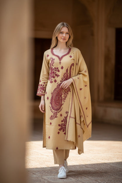 Women Woolen Kashmiri Suits Semi Pashmina Hand Sozni Embroidery  - Beige