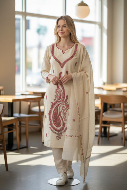Women Woolen Kashmiri Suits Semi Pashmina Hand Sozni Embroidery  - OffWhite