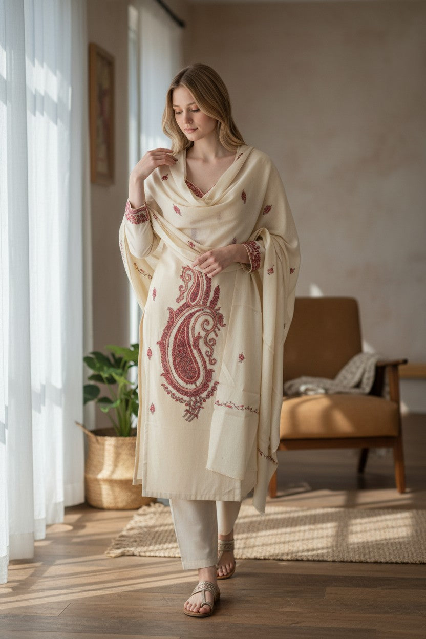 Women Woolen Kashmiri Suits Semi Pashmina Hand Sozni Embroidery  - OffWhite