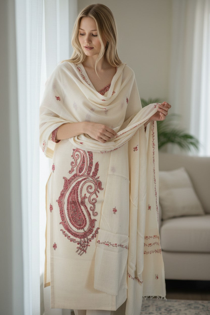 Women Woolen Kashmiri Suits Semi Pashmina Hand Sozni Embroidery  - OffWhite