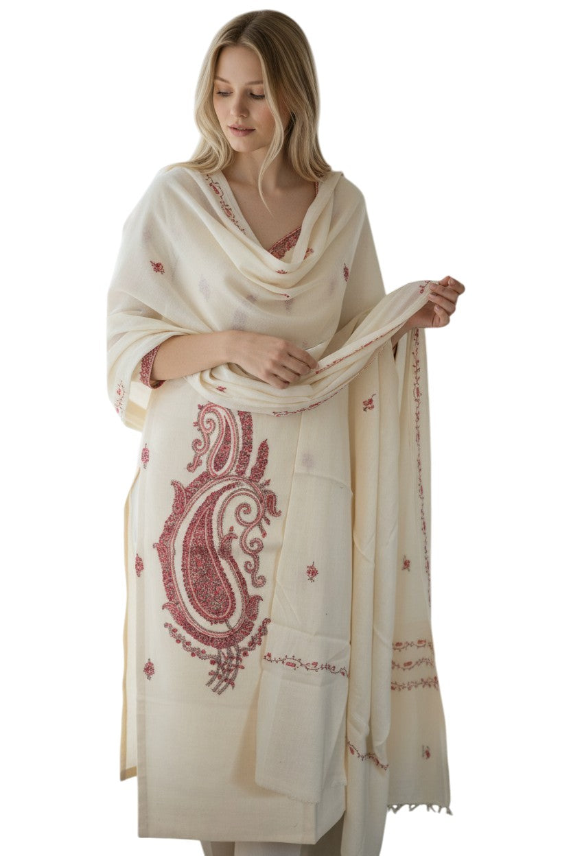 Women Woolen Kashmiri Suits Semi Pashmina Hand Sozni Embroidery  - OffWhite