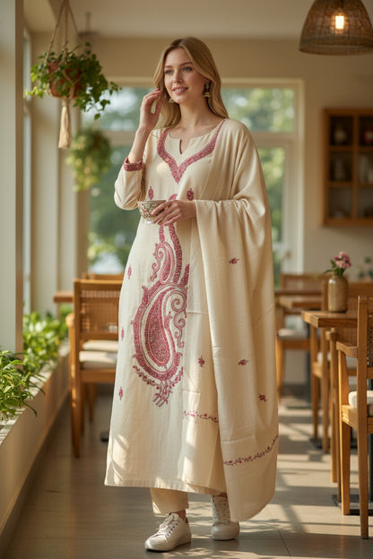 Women Woolen Kashmiri Suits Semi Pashmina Hand Sozni Embroidery  - OffWhite