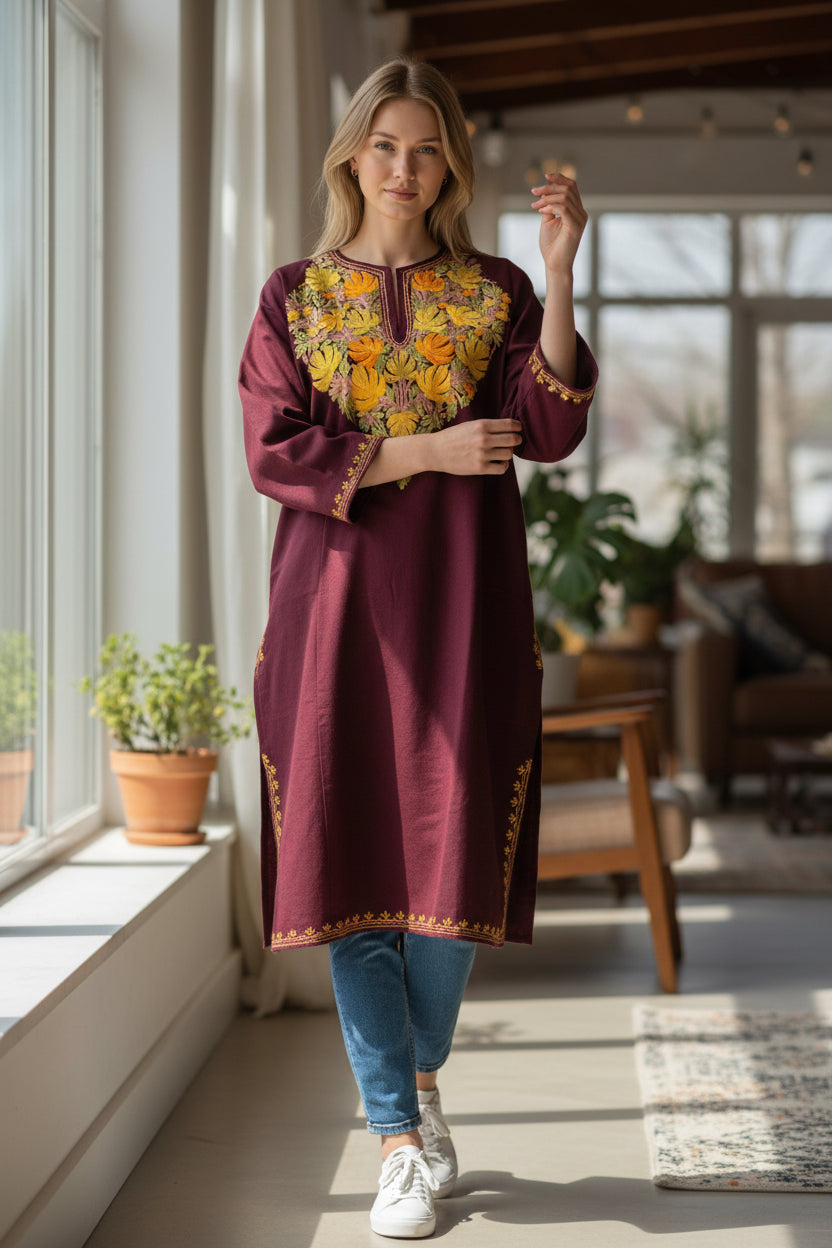 Kashmiri Woolen Pheran with Traditional Aari Embroidery - Maroon