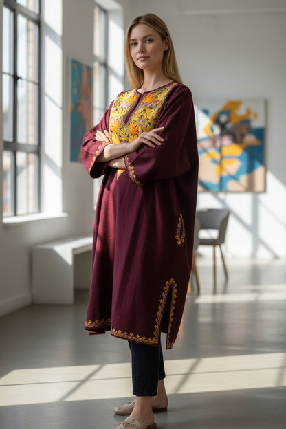 Kashmiri Woolen Pheran with Traditional Aari Embroidery - Maroon