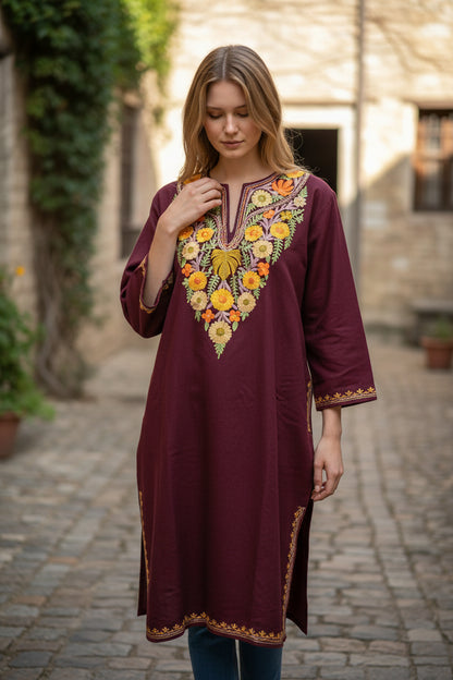 Kashmiri Woolen Pheran with Traditional Aari Embroidery - Maroon