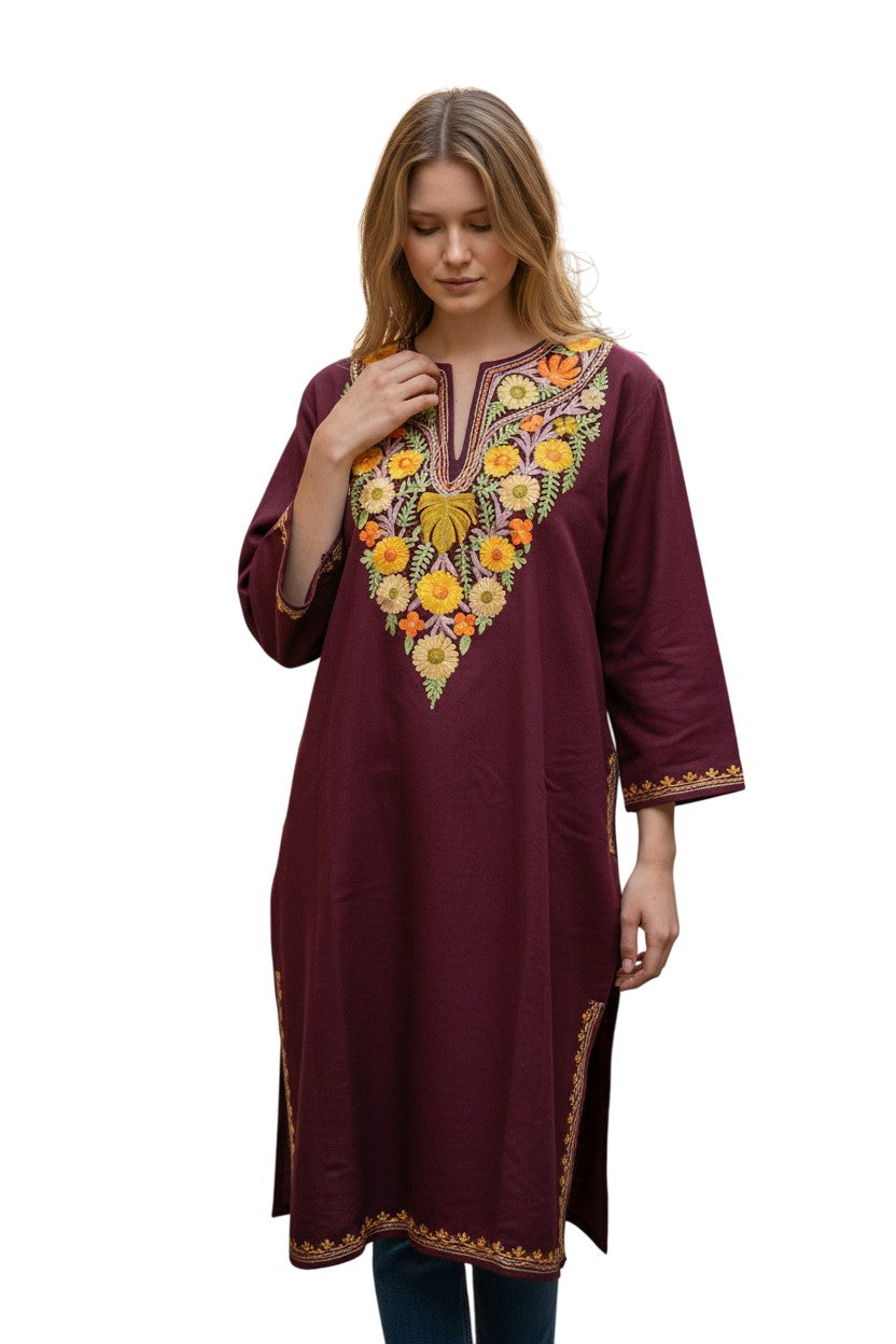 Kashmiri Woolen Pheran with Traditional Aari Embroidery - Maroon