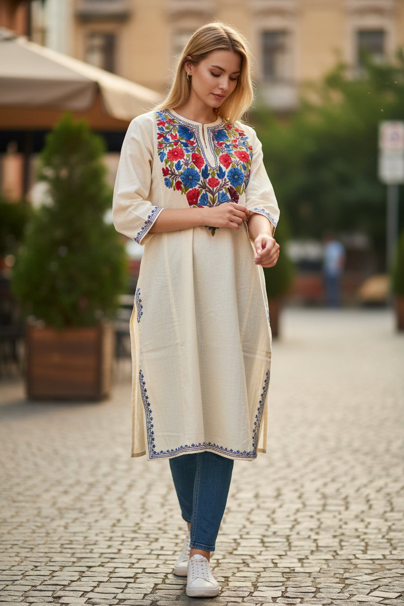 Kashmiri Woolen Pheran with Traditional Aari Embroidery - White