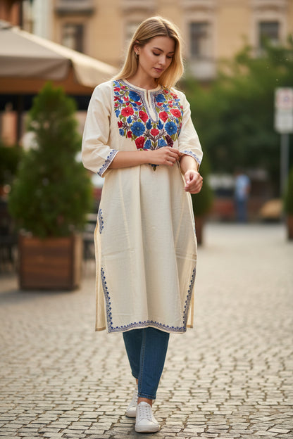 Kashmiri Woolen Pheran with Traditional Aari Embroidery - White