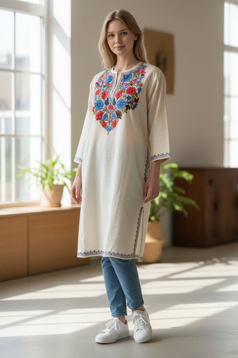 Kashmiri Woolen Pheran with Traditional Aari Embroidery - White