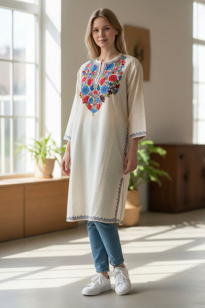 Kashmiri Woolen Pheran with Traditional Aari Embroidery - White