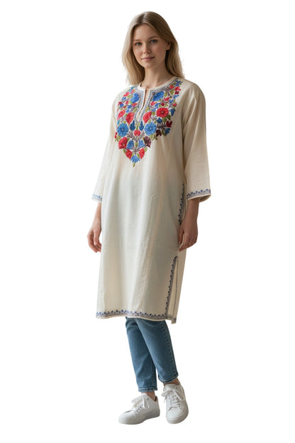 Kashmiri Woolen Pheran with Traditional Aari Embroidery - White