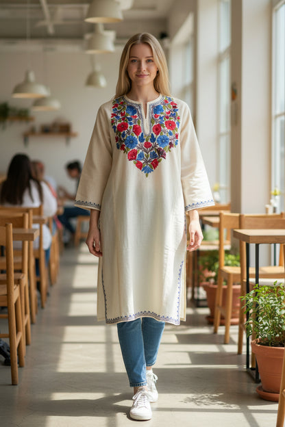 Kashmiri Woolen Pheran with Traditional Aari Embroidery - White