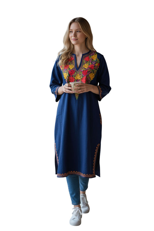 Kashmiri Woolen Pheran with Traditional Aari Embroidery - Blue2