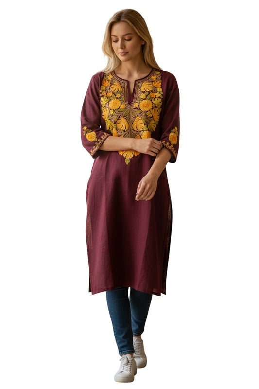 Kashmiri Woolen Pheran with Traditional Aari Embroidery - Maroon2