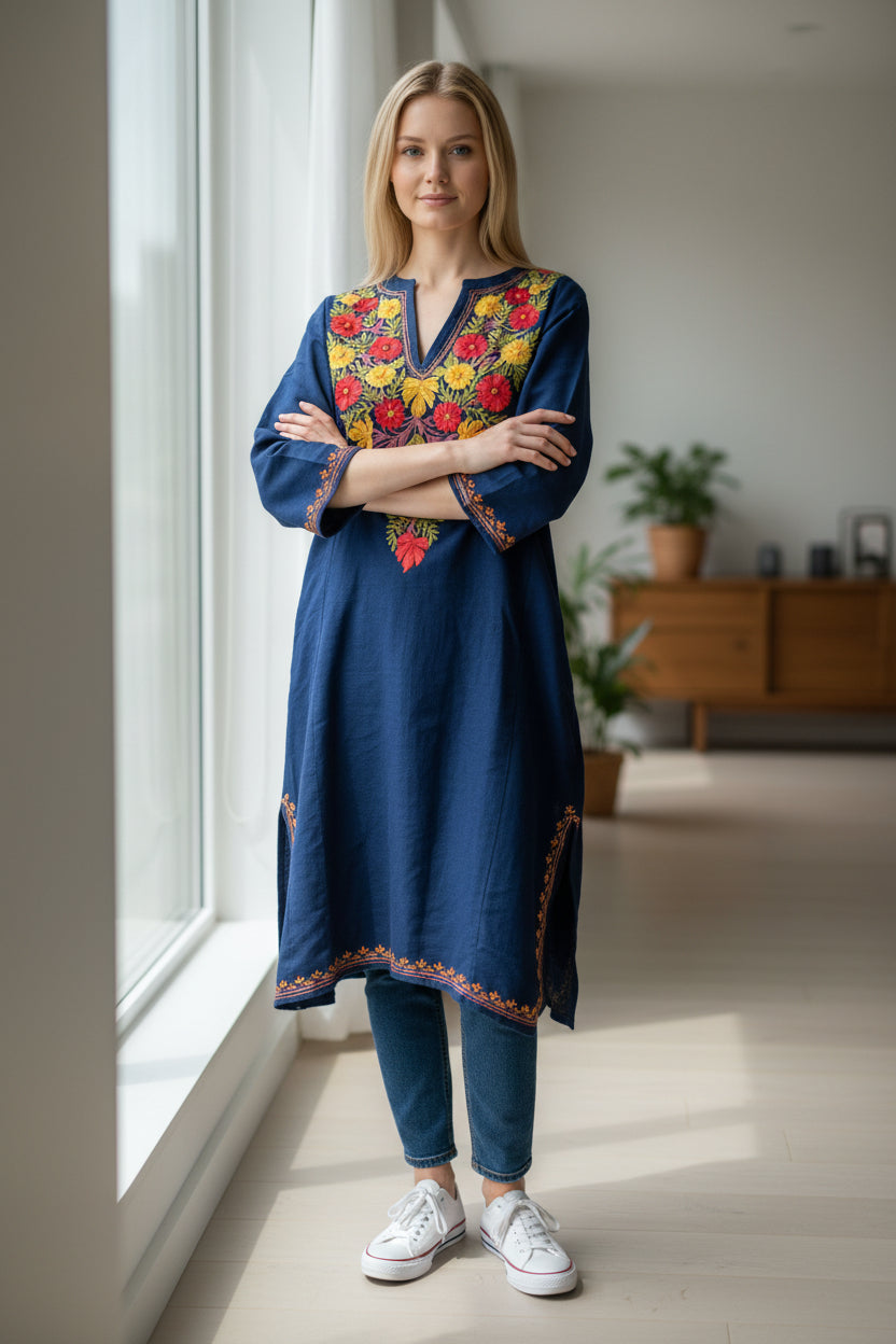 Kashmiri Woolen Pheran with Traditional Aari Embroidery - Blue