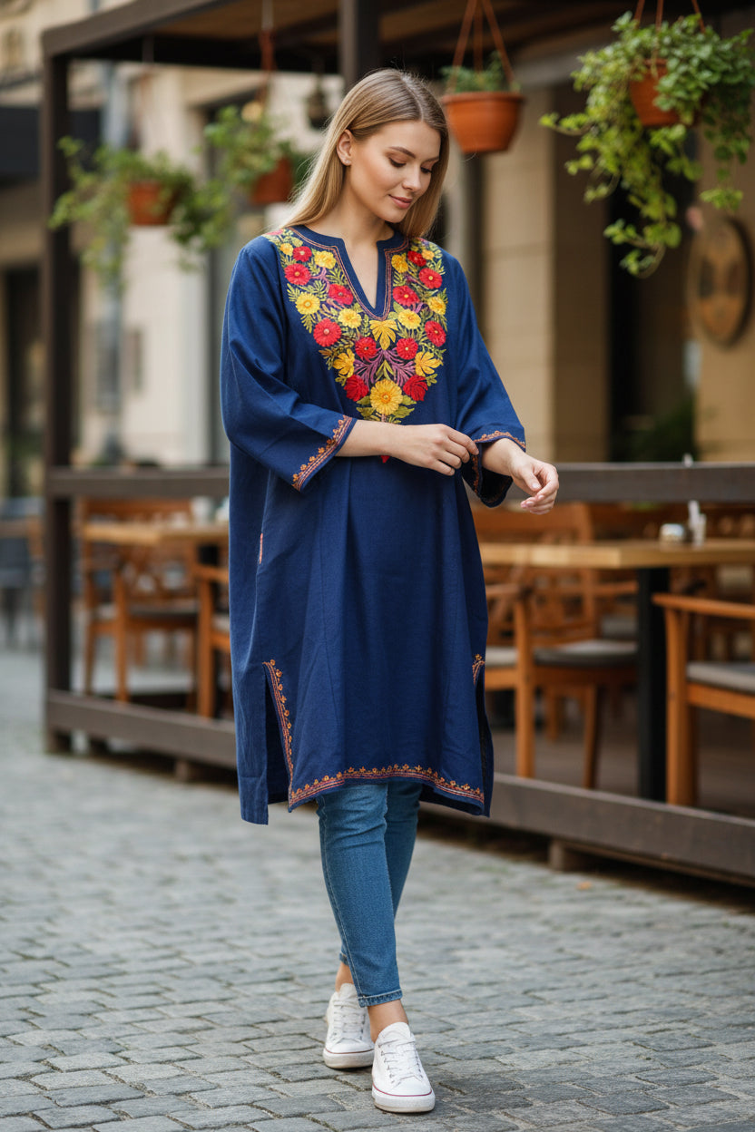 Kashmiri Woolen Pheran with Traditional Aari Embroidery - Blue