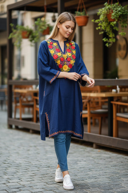 Kashmiri Woolen Pheran with Traditional Aari Embroidery - Blue