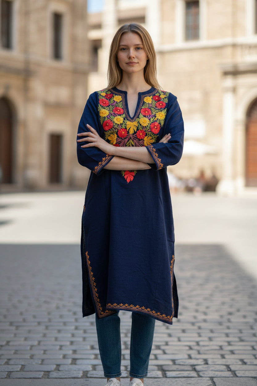 Kashmiri Woolen Pheran with Traditional Aari Embroidery - Blue