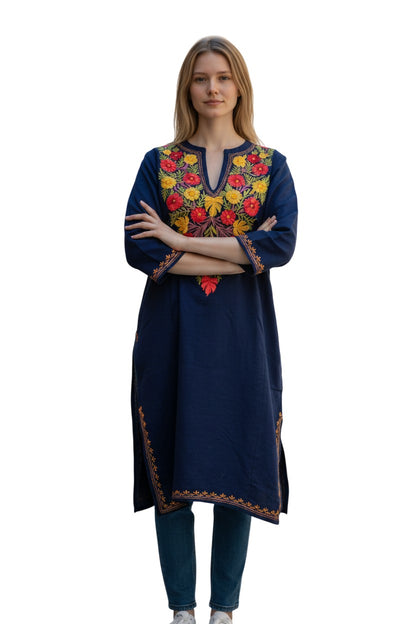 Kashmiri Woolen Pheran with Traditional Aari Embroidery - Blue