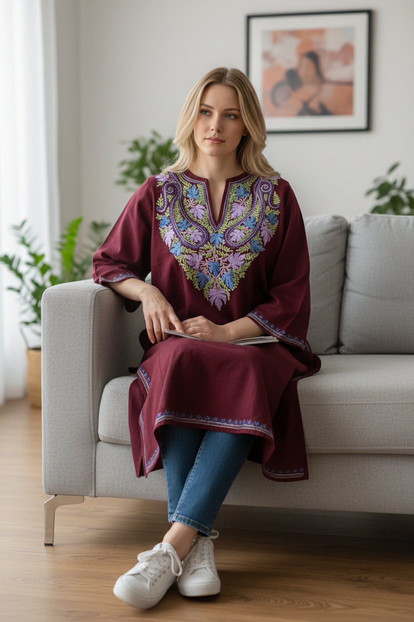 Kashmiri Woolen Pheran with Traditional Aari Embroidery - Maroon