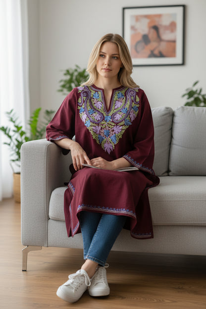 Kashmiri Woolen Pheran with Traditional Aari Embroidery - Maroon