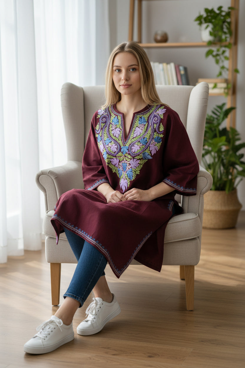 Kashmiri Woolen Pheran with Traditional Aari Embroidery - Maroon