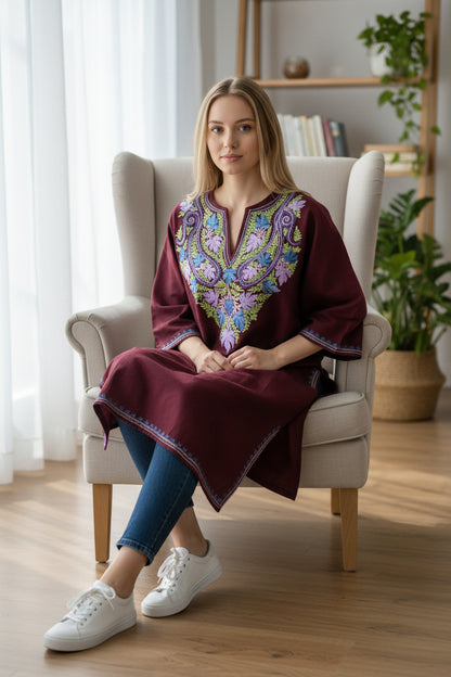 Kashmiri Woolen Pheran with Traditional Aari Embroidery - Maroon
