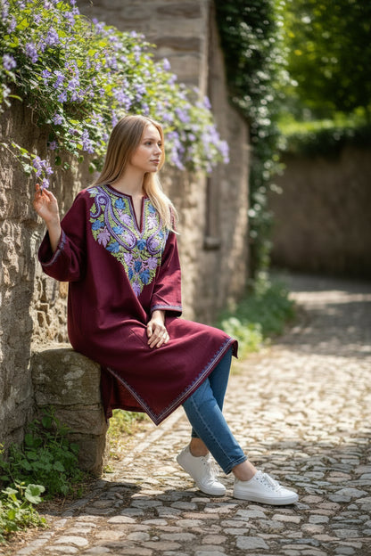 Kashmiri Woolen Pheran with Traditional Aari Embroidery - Maroon