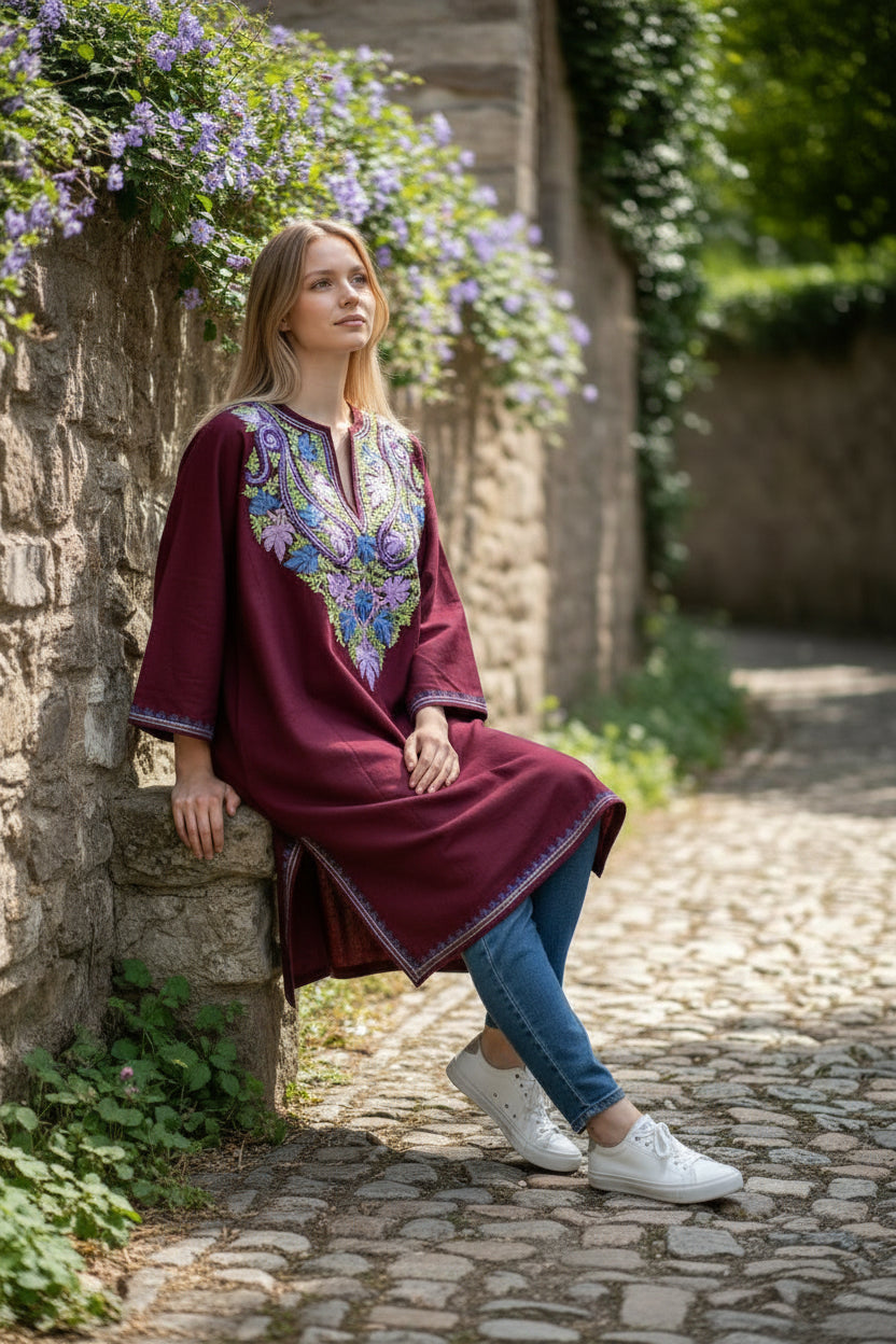 Kashmiri Woolen Pheran with Traditional Aari Embroidery - Maroon