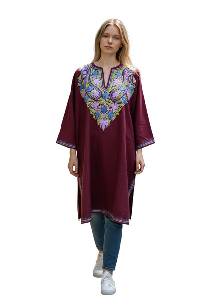 Kashmiri Woolen Pheran with Traditional Aari Embroidery - Maroon