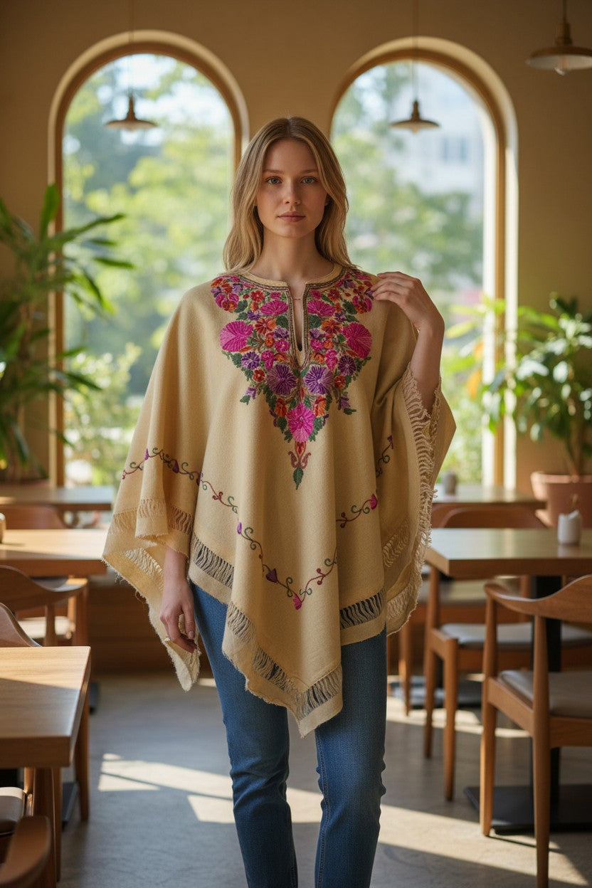 Kashmiri Woolen Ethenic Shrugs, Ponchu - Beige