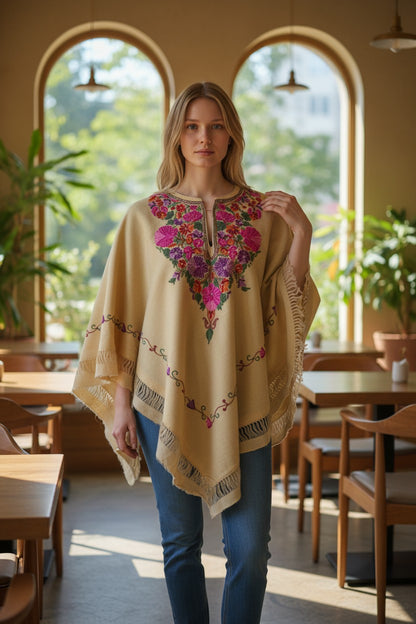 Kashmiri Woolen Ethenic Shrugs, Ponchu - Beige