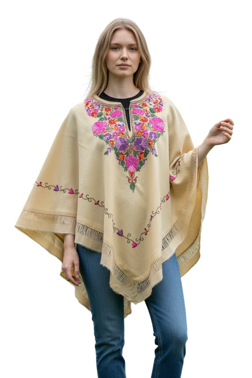 Kashmiri Woolen Ethenic Shrugs, Ponchu - Beige