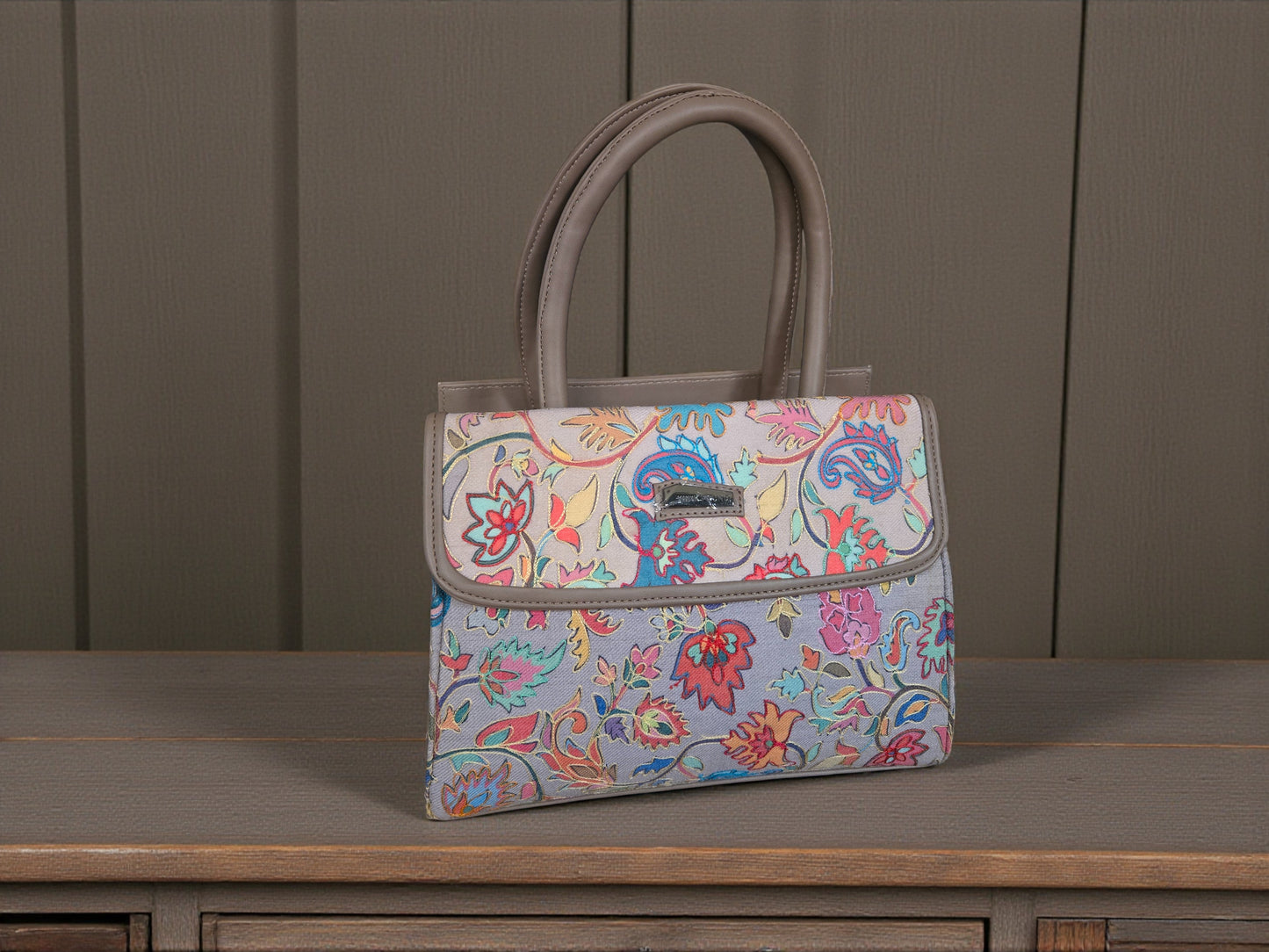 Women suede leather tote strap bag with kashmiri embroidery - White