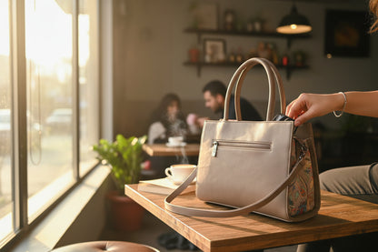 Women suede leather tote strap bag with kashmiri embroidery - White