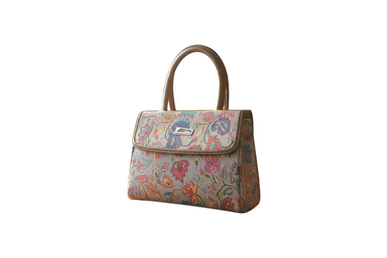 Women suede leather tote strap bag with kashmiri embroidery - White