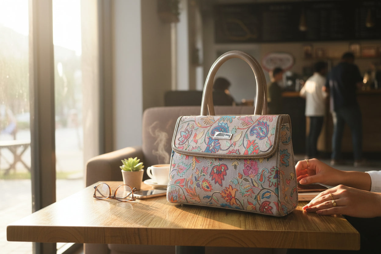 Women suede leather tote strap bag with kashmiri embroidery - White