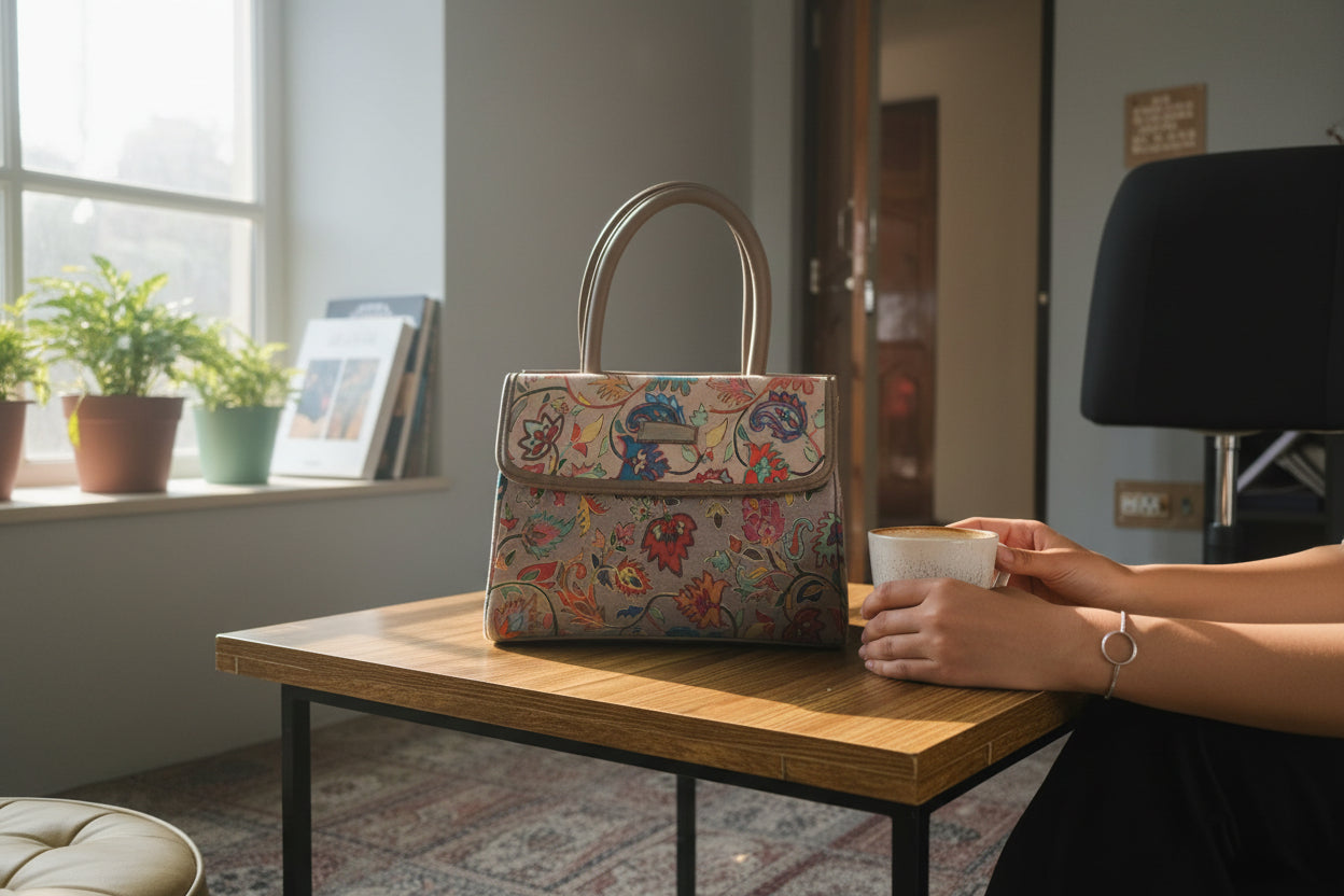 Women suede leather tote strap bag with kashmiri embroidery - White