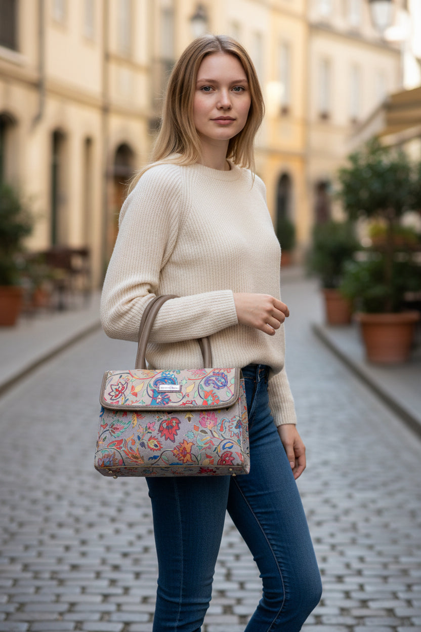 Women suede leather tote strap bag with kashmiri embroidery - White