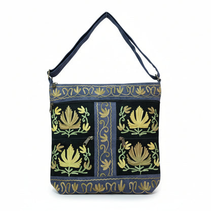 Women suede leather tote strap bag with kashmiri embroidery - Blue