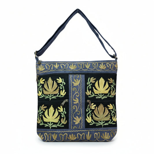 Women suede leather tote strap bag with kashmiri embroidery - Blue