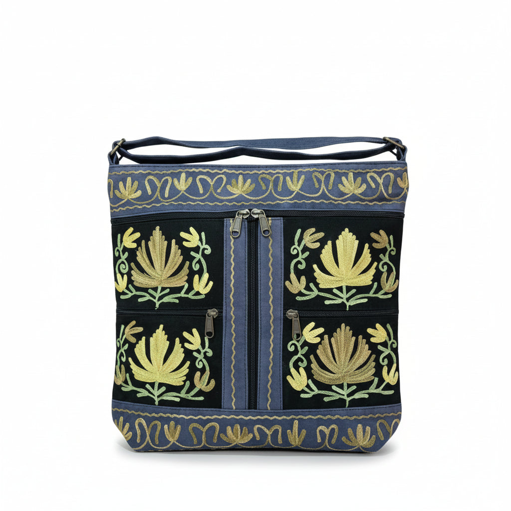 Women suede leather tote strap bag with kashmiri embroidery - Blue