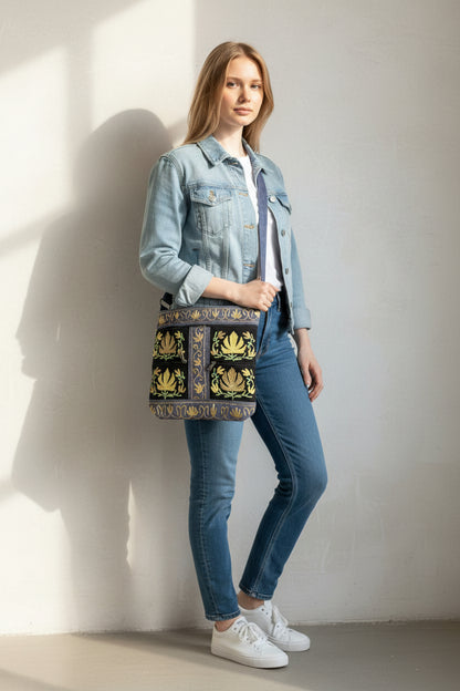 Women suede leather tote strap bag with kashmiri embroidery - Blue