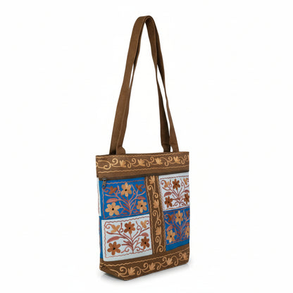 Women suede leather tote strap bag with kashmiri embroidery - Camel