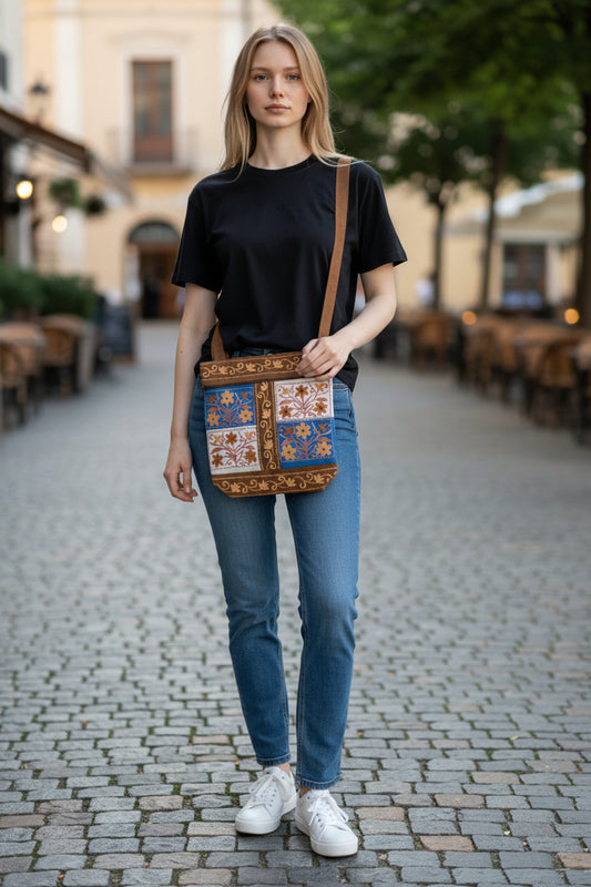 Women suede leather tote strap bag with kashmiri embroidery - Camel
