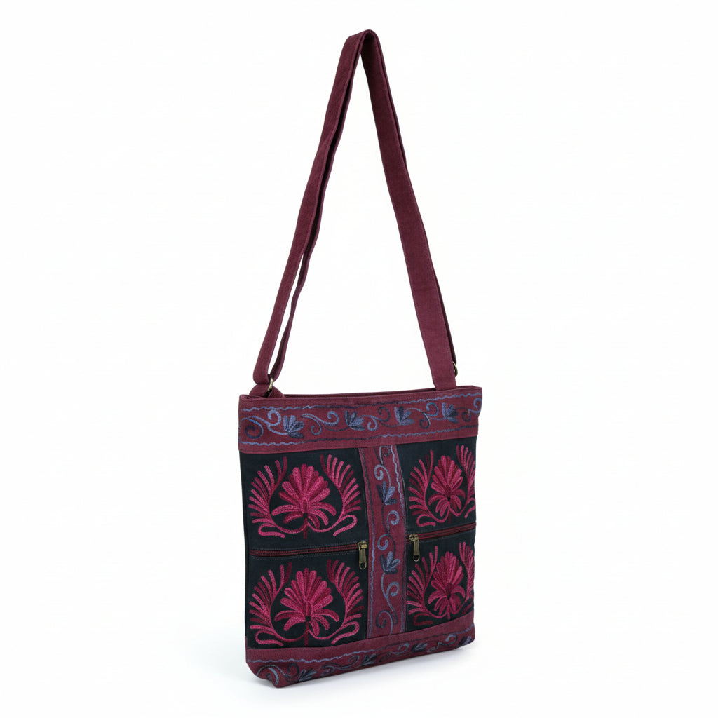 Women suede leather tote strap bag with kashmiri embroidery - Maroon